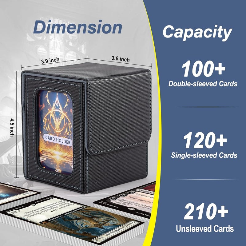 Stepane MTG Deck Box, Double Display Window MTG, Commander Deck Box Fits 120+ Single Sleeved Cards, PU Leather Magnetic Closure Card Box with 2 Dividers&2 Toploaders for TCG, CCG, Black/Grey - Image 3